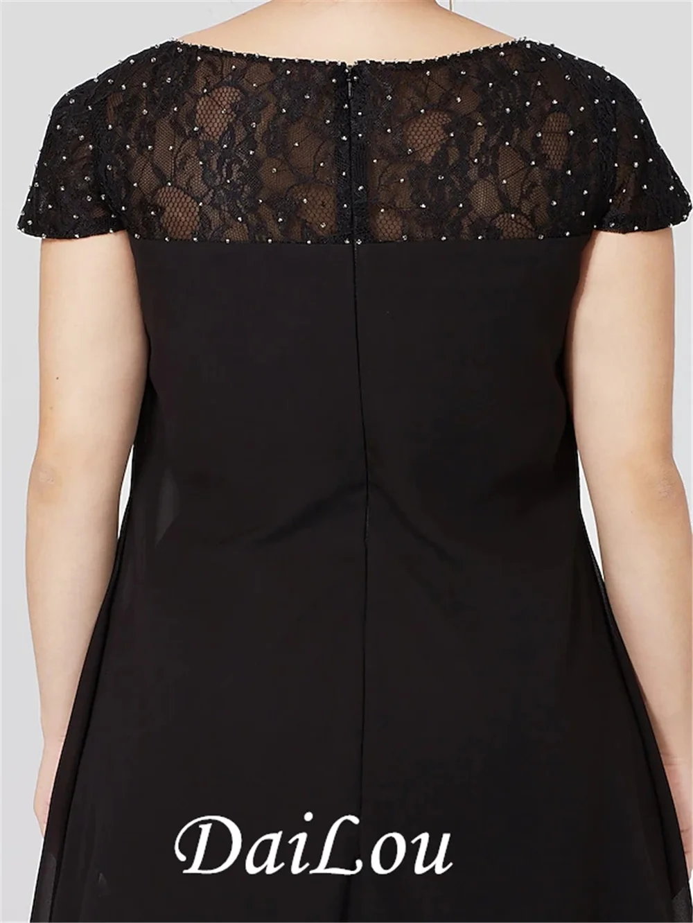 Column Little Black Dress Plus Size See Through Jewel Neck Knee Length Chiffon Lace Short Sleeve with Pleats Beading Lace 2021