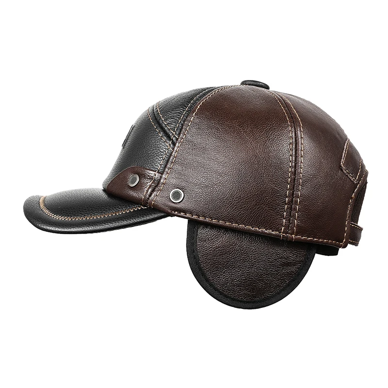 Man Hats Genuine Leather Letter Printed Baseball Cap Male Cowhide Two Tone Outdoor Auburn Leisure Warm Caps With Ear Tab Gorra