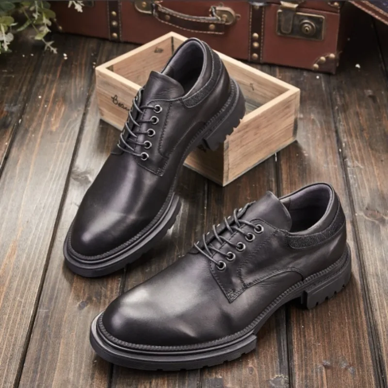 Formal Office Vintage Genuine Classic Leather Dress 2021 Mens Splice Lace Up Thick Platform Increase Business Casual Shoes