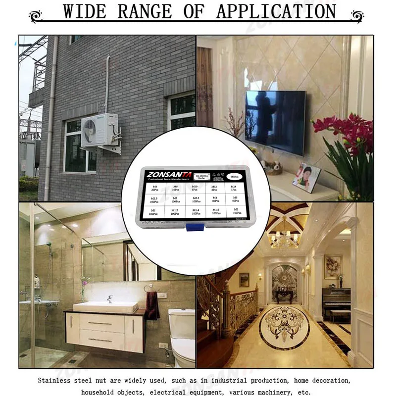 ZONSANTA Hexagon Nuts set M1 M1.2 M1.4 M1.6 M2 M2.5 M3 M3.5 M4 M5 M6 M8 M10 M12 M14 Stainless Steel Hex Nuts Assortment Kit