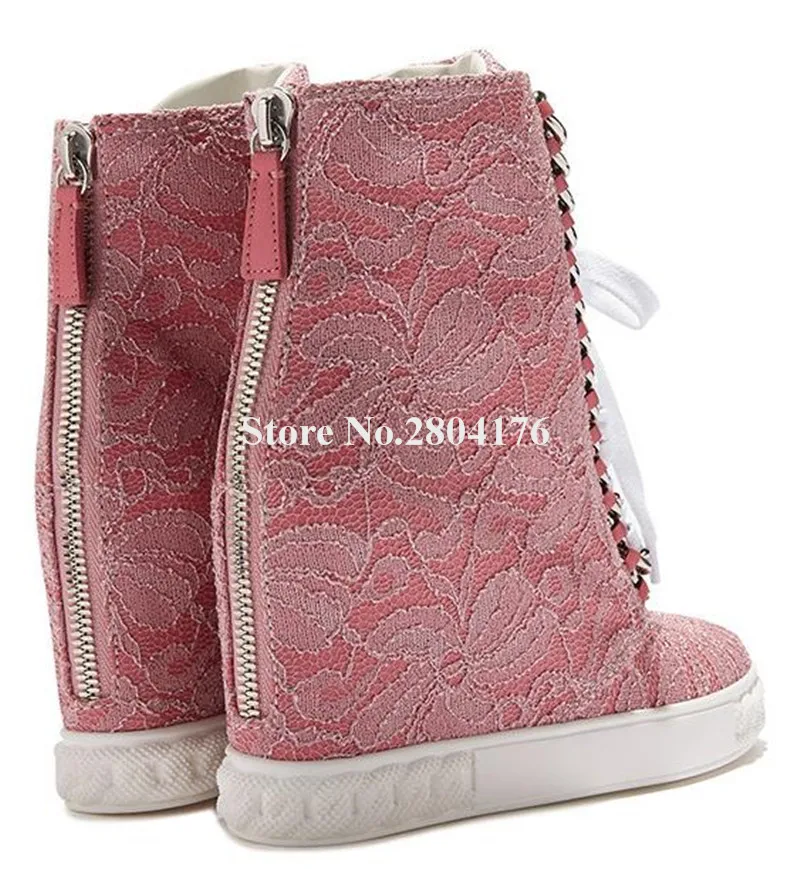 Newest Brand Round Toe Mesh Lace Wedge Short Boots Pink Black Metal Chains Lace-up Inside Heels Ankle Booties Short Boots