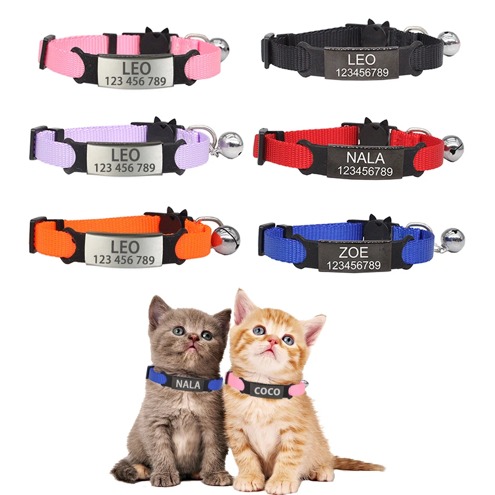 Personalized ID Tag Cat Collar Bell Engraving Safety Breakaway Small Dog Nylon Adjustable for Puppy