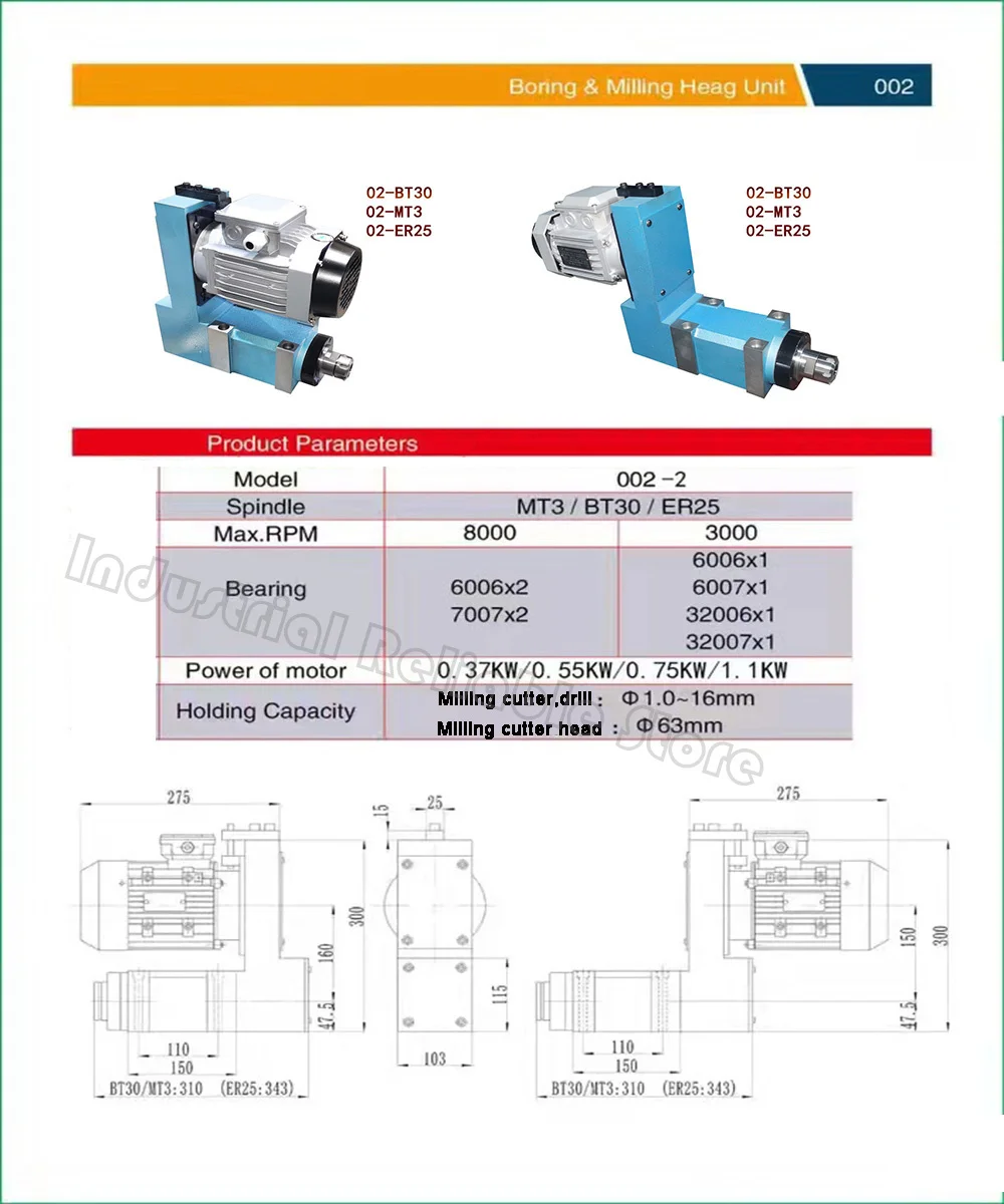 MT3 BT30 ER25 Spindle Unit Power Head 3000rpm 8000rpm with 370W Induction Motor V-belt Drive for CNC Drilling Milling Engraving