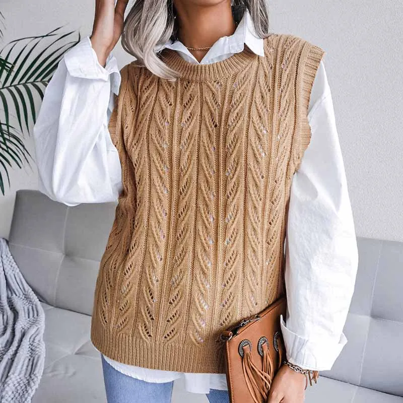 Sleeveless Hollow Leaf Pullover Women Vest Sweater Casual Knitted Sweater Autumn Winter Round Neck Women Vest Solid Tops 18139