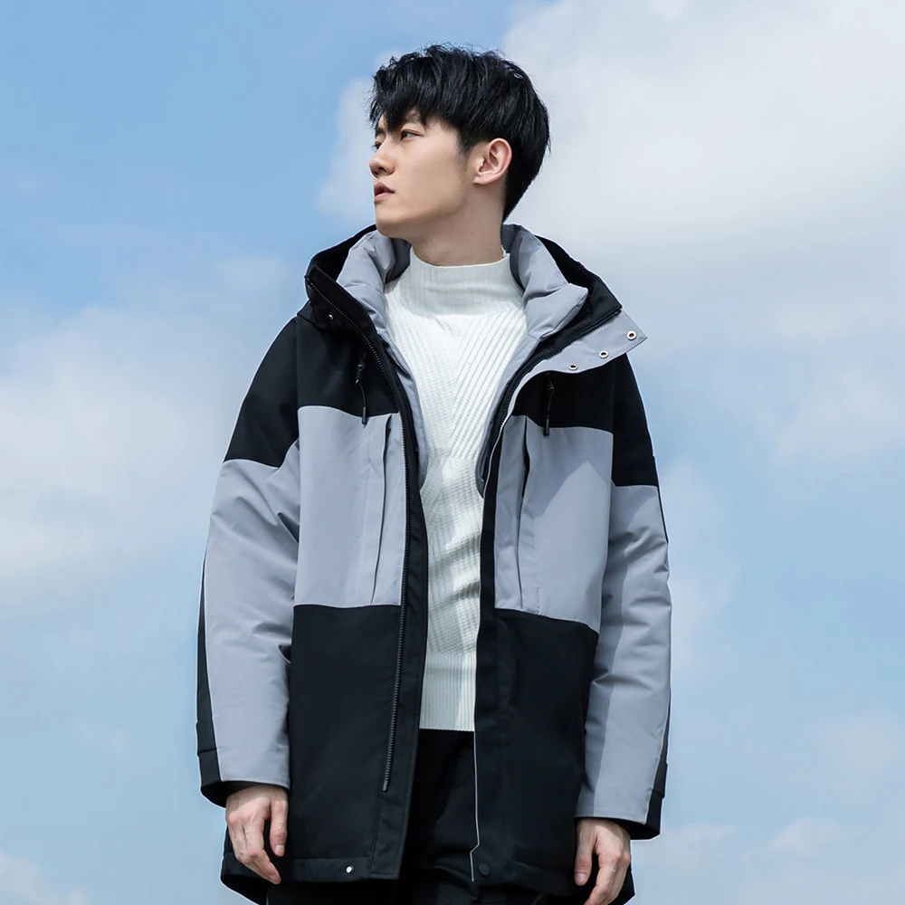 YAYA 2020 Autumn Winter Bicolor Patchwork Men 90% Grey Goose Liner Down Jacket Hooded Medium Length Outwear