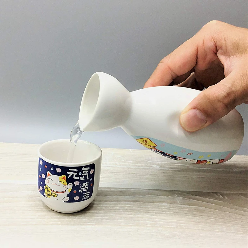 5-Piece Wine Set Japanese Maneki Neko Ceramic Sake Set (1 TOKKURI Bottle 200ml and 4 OCHOKO Cup) Lucky Cat Drinkware