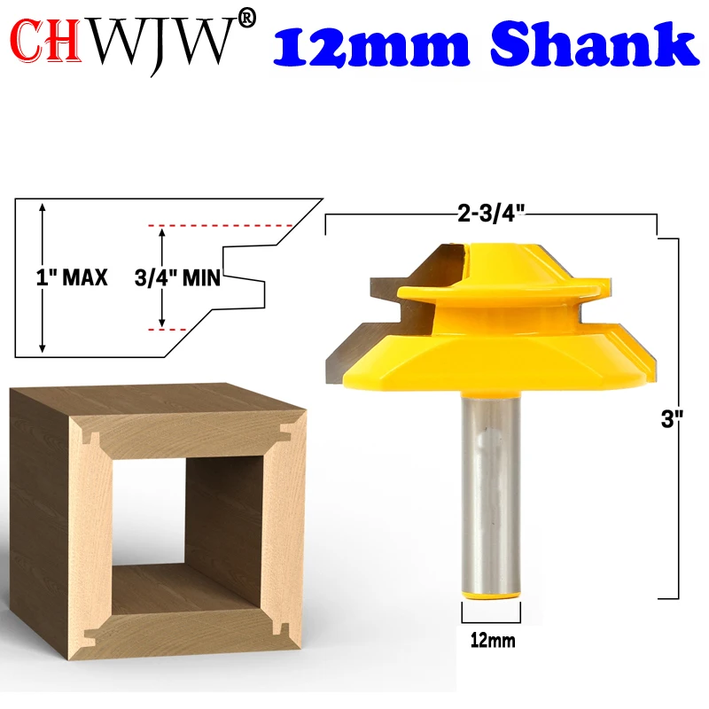 CHWJW 1PC 12mm Shank Industrial Quality Medium Lock Miter Router Bit with 45Degree 3/8-1 Inch Stock woodworking milling cutter