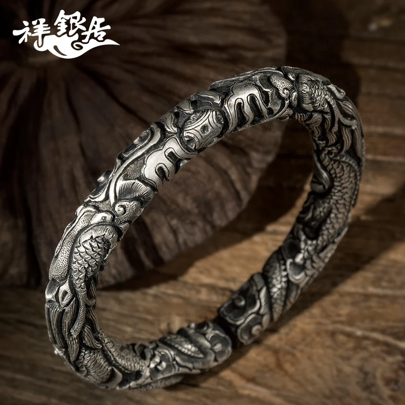 ★s999 Sterling Silver Men's Sterling Silver Bracelet double dragon style dragon pattern pearl playing Silver Bracelet