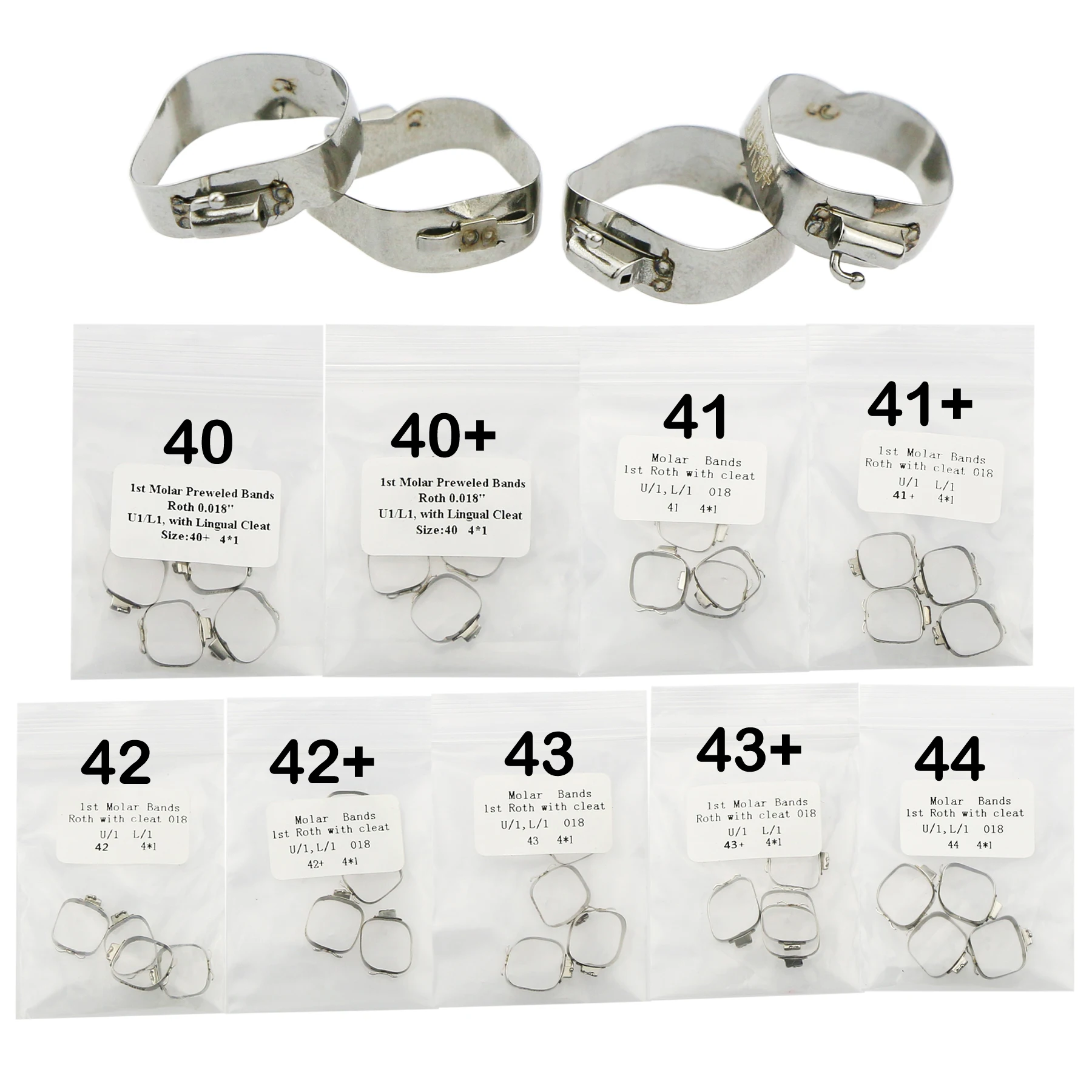 Dental Orthodontic Bands #40to #44 Roth（36PCS） 018 1st Molar Buccal Tubes With Cleat