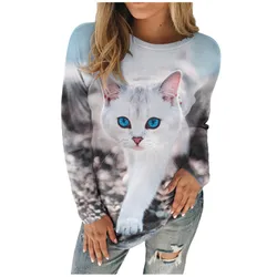 New 2022 Cartoon Cute Cats Print Tshirt Long Sleeve Women Tops Spring Casual T-shirts Round Neck Fashion Funny Loose Shirt Femme