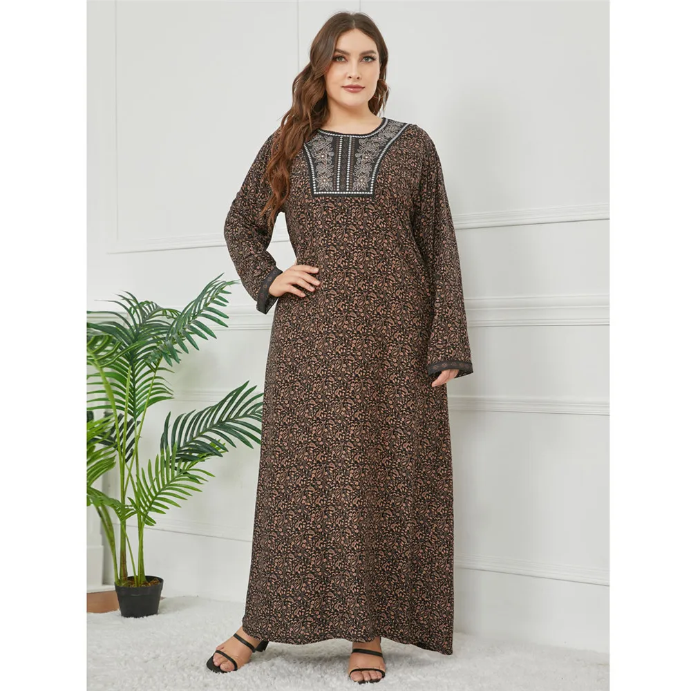 

Middle East Women Muslim Print Embroidery Long Dress Dubai Kaftan Dubai Turkish Maxi Robe Gown Turkey Loose Casual Plus Size