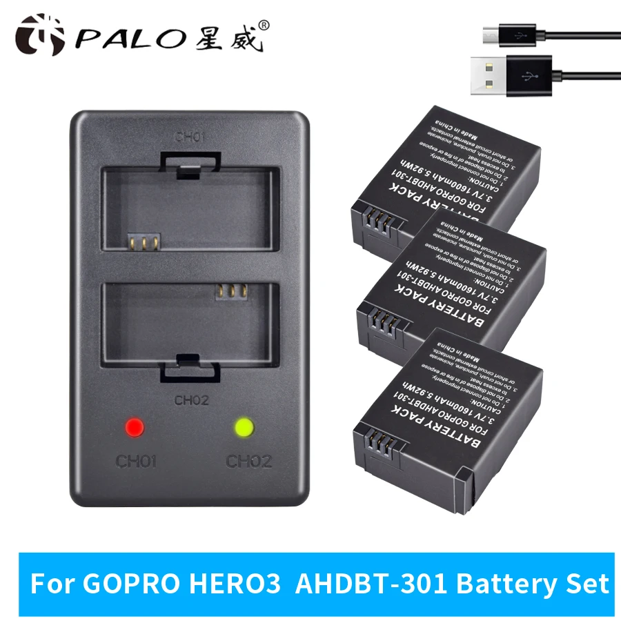 

PALO AHDBT-301 AHDBT301 AHDBT 301 Li-ion Battery for GoPro Hero3 + LED USB Quick Charger for Gopro Hero 3/3+Camera Accessories