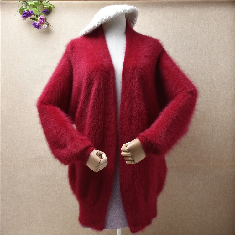 

female women autumn winter red mink cashmere knitted long batwing sleeves loose lazy oaf cardigan mantle jacket coat sweater