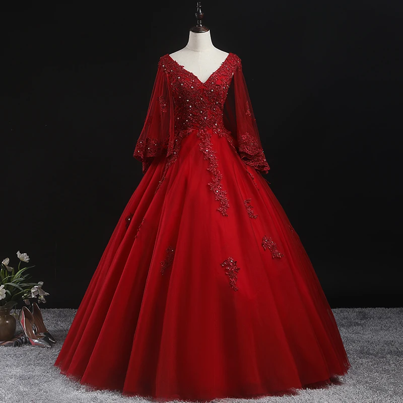 Quinceanera Dress 2024 Party Prom Dress Full Sleeve Sexy V-neck Ball Gown Luxury Lace Vintage Quinceanera Dresses Customized