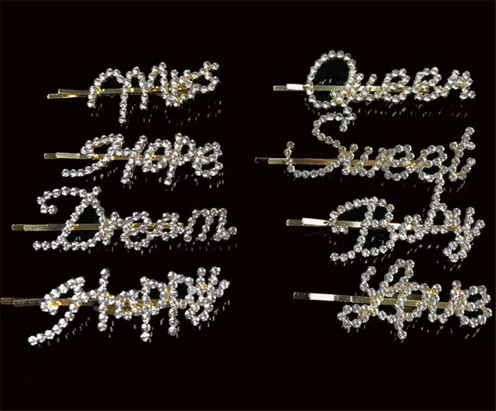 New 200pcs/lot Hairpins Crystal Shiny Rhinestones Word Letters Hair Clips Women Styling Tool Hairgrip Diamond