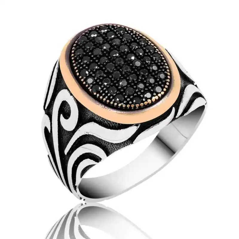 Silver Black Stone Men's Ring - 925 Sterling Men's Jewelry Wedding Birthday Gift - Box - Men - Fashion - Botiva - Size - Turkish - Patterned Embroidery