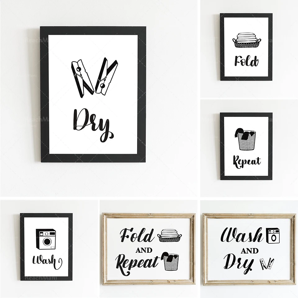 Washing, drying, folding and repeating signs, indelible wall art in the laundry room, wall art posters in the laundry area