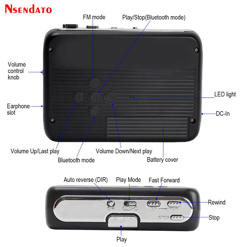 Registratore e lettore di cassette Bluetooth Lettori di cassette autonomo portatili Radio FM con funzione di inversione automatica Lettore Bluetooth