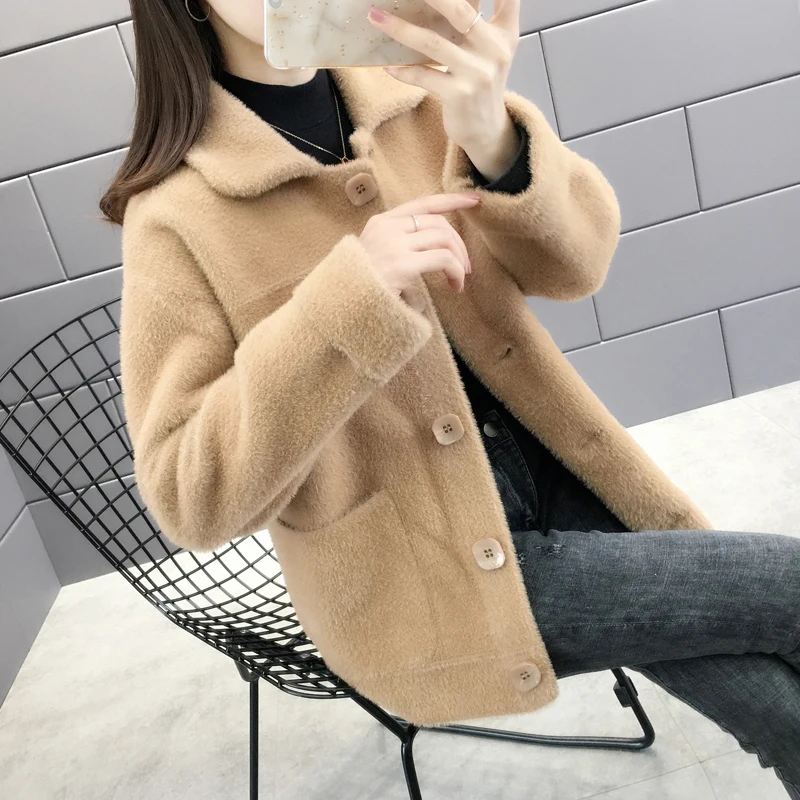 Autumn Winter Thick Faux Mink Cashmere Knitted Sweater Women Short Cardigan Outerwear Loose Casual Big Pocket Knit Jacket Female