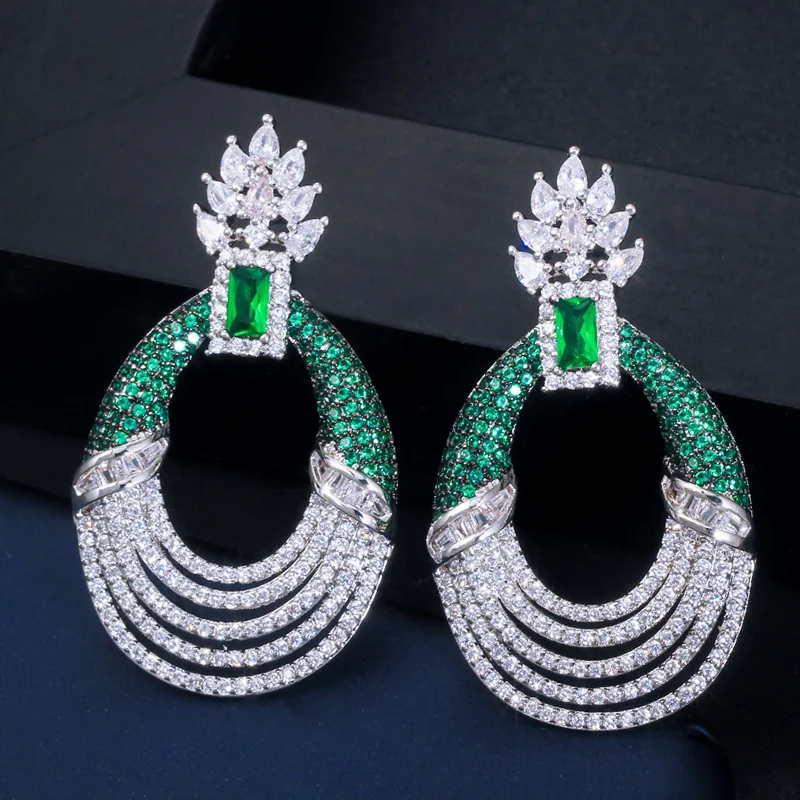 CWWZircons Hundreds Zirconia Paved Designer Multi Layer Green Blue CZ Long Round Drop Luxury Wedding Earrings for Women CZ602