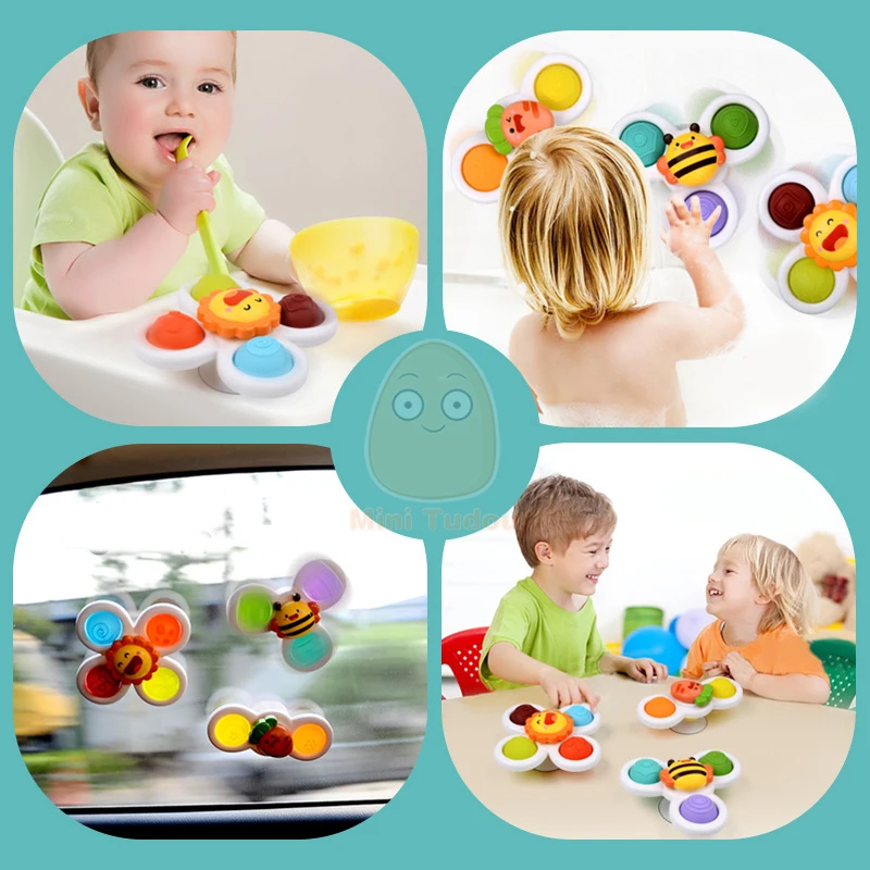 Baby Rattle Toys For 0-12 Months Soft Rubber Sucker Spinner Bathing Play Water Game Montessori Touch Sensory Grasping Gyro Set