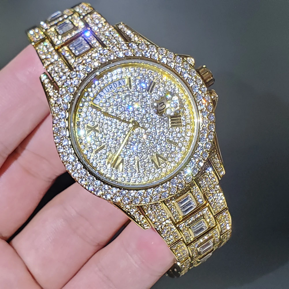 Yacht Master Design Golden Casual Steel Fashion Male Quartz Watch Diamond Crystal Mens Watches Top Brand Luxury Waterproof Clock
