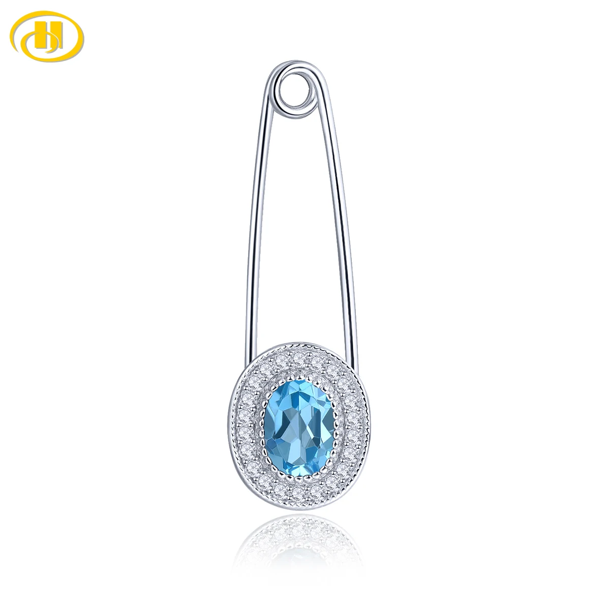 Natural 0.9 Carats Oval Blue Topaz Solid 925 Sterling Silver Brooch Simple Style Party Anniversary Gift for Women