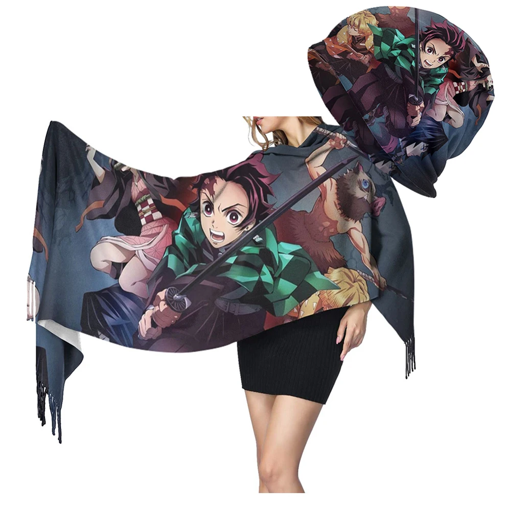 

NOISYDESIGNS Demon Slayer 2Pcs Set Winter Warm Cashmere Scarves Knitted Cap Devil's Blade Anime Long Tassels Women Wrap Shawl