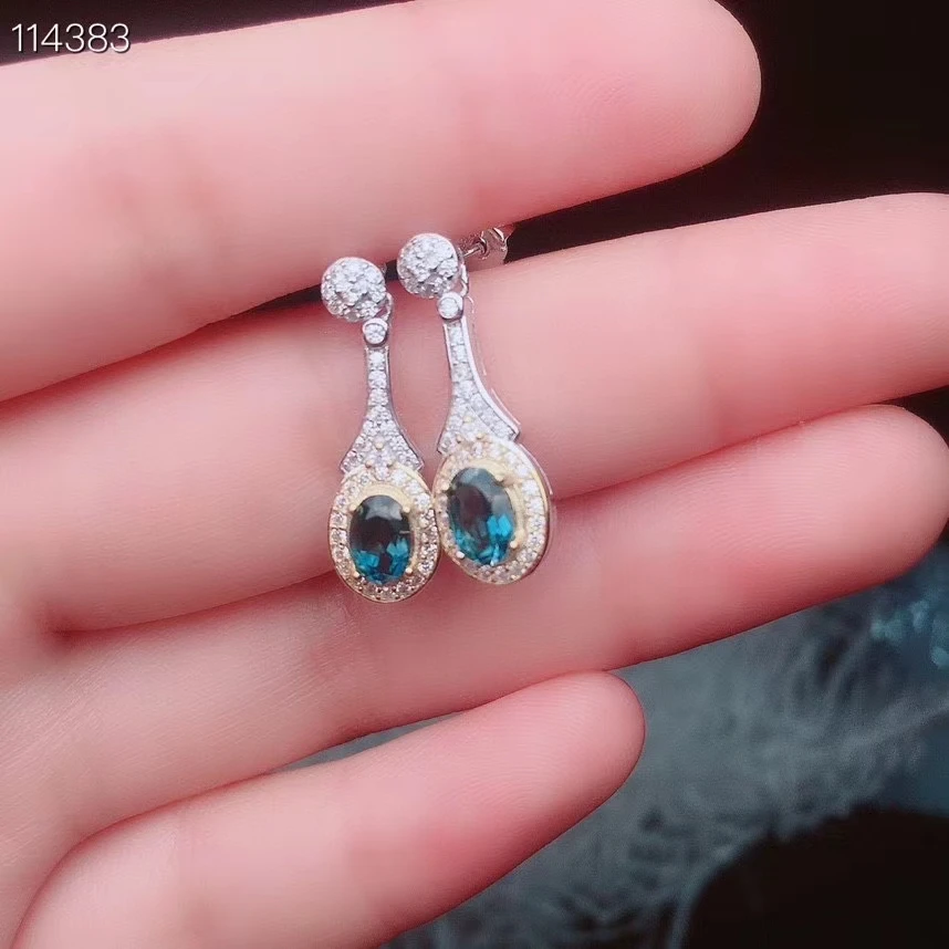 Jewelry 925 sterling silver natural blue topaz gemstone girl earrings micro-set luxury fashion new faceted ellipse can be review