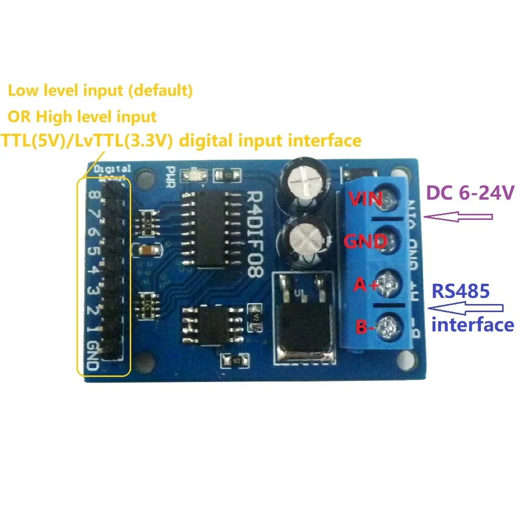 R4DIF08 8 bit Digital Switch TTL LvTTL CMOS IO Input UART RS485 Modbus RTU Module for PLC Expand