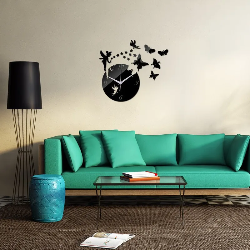 Peri Kelebek Akrilik Ayna duvar çıkartmaları Karikatür Kendinden Yapışkanlı Etiket DIY Saat Bebek Kreş Kız Yatak Odası Ev Dekor için