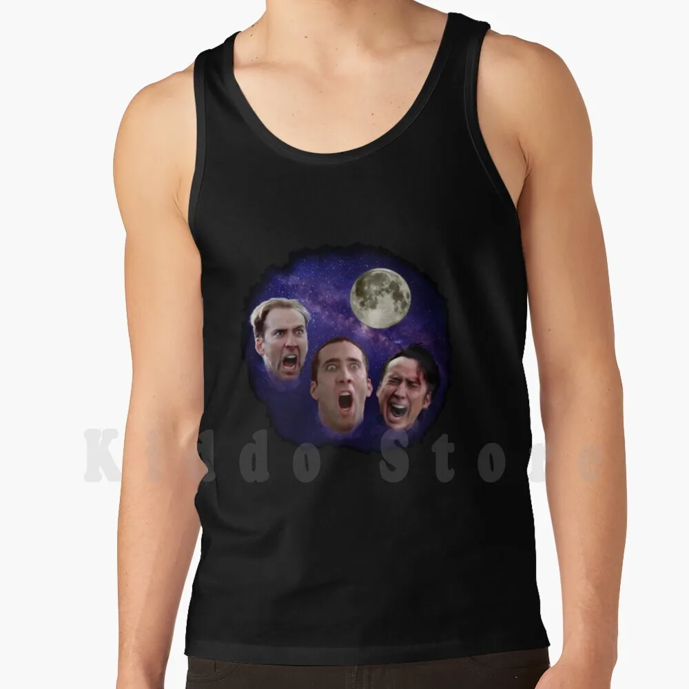 Three Cage Moon Tank Tops Vest 100% Cotton Nicolas Cage Meme 4chan Dank Meme Funny Nicholas Nickolas Three 3 Three