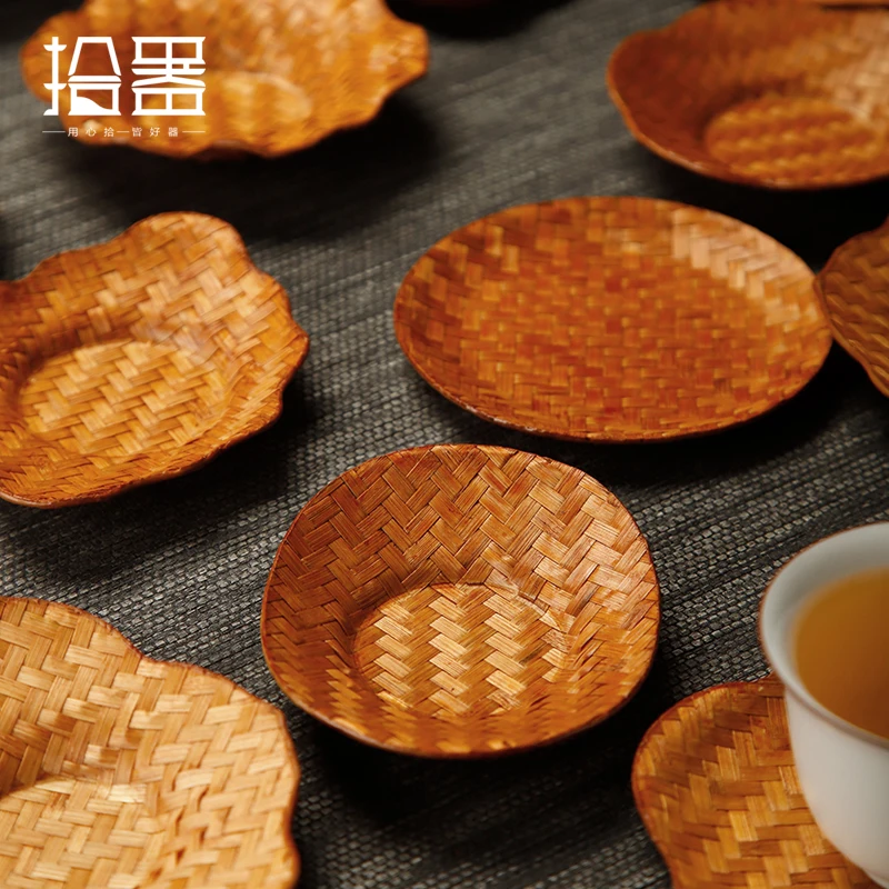 Large lacquered bamboo coaster, hand-woven teacup holder, Japanese insulated rattan pot, placemat, tea ceremony accessories