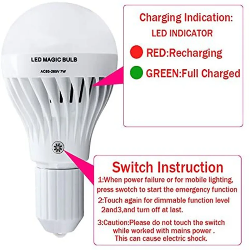 Luces de emergencia E27 de 7W, lámpara mágica de fallo de energía, se ilumina automáticamente, se usa en casa, interruptor remoto IR recargable, 2