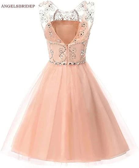 ANGEBRIDEP Sheer Neck Short/Mini Homecoming Dresses Fashion Beadings Tulle Special Occasion Graduation Gala Cocktail Dresses