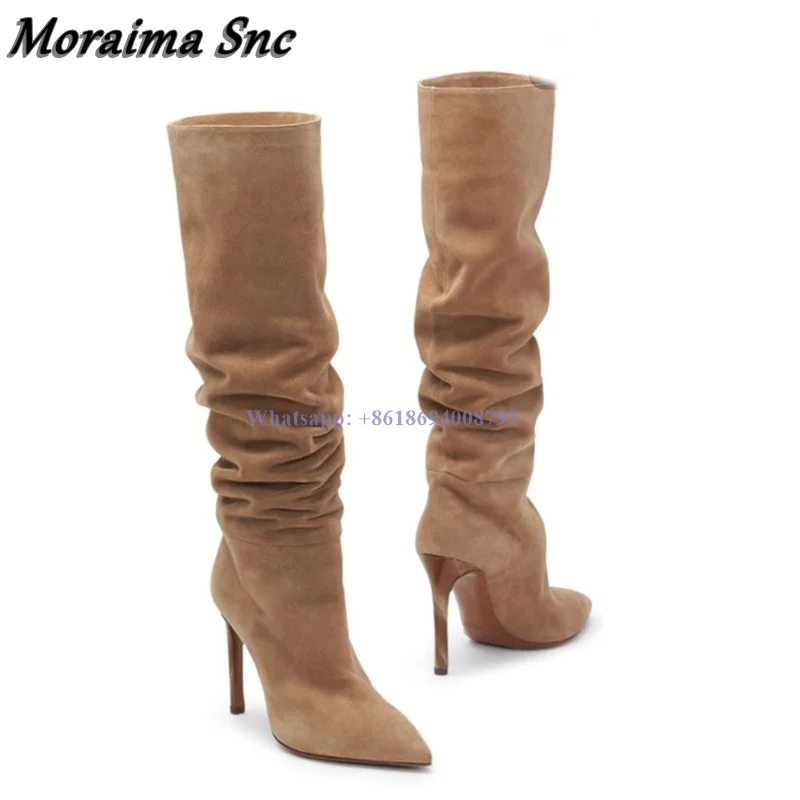 

New Long Brown Pleated Boots Slip On Solid Stilettos High Heel Pointed Toe Women Boots Knee High Big Size Shoes botas de mujer