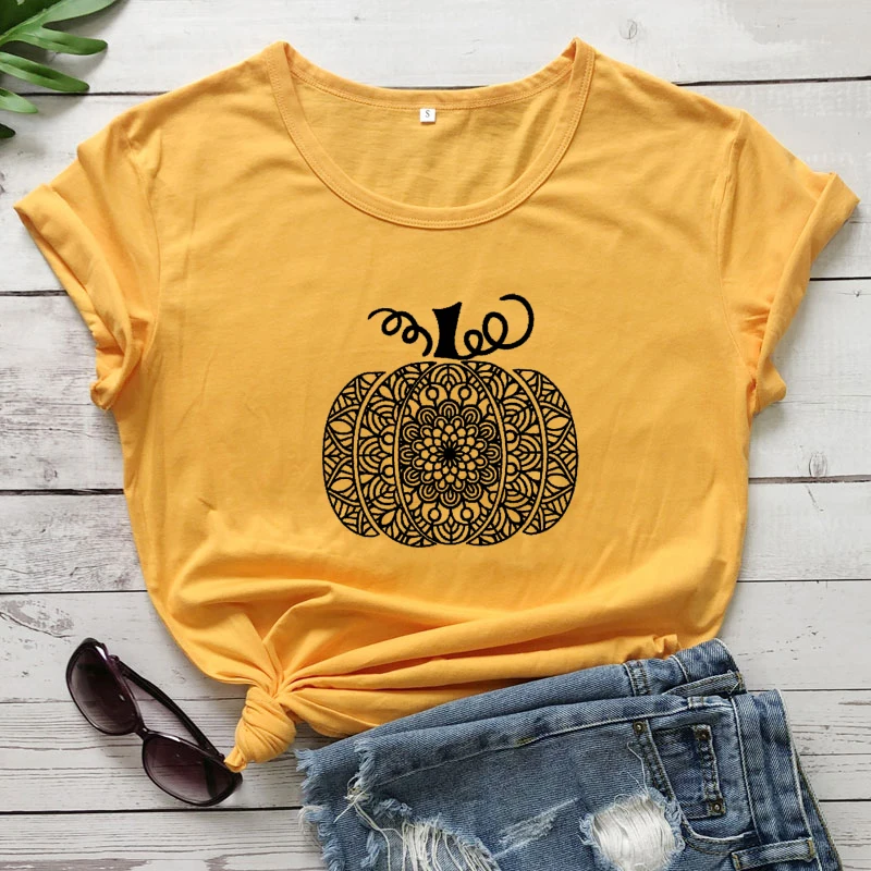 

Mandala Pumpkin T-shirt Aesthetic Autumn Short Sleeve Thanksgiving Tshirt Fashion Women Graphic Halloween Yellow Top Tee Shirt