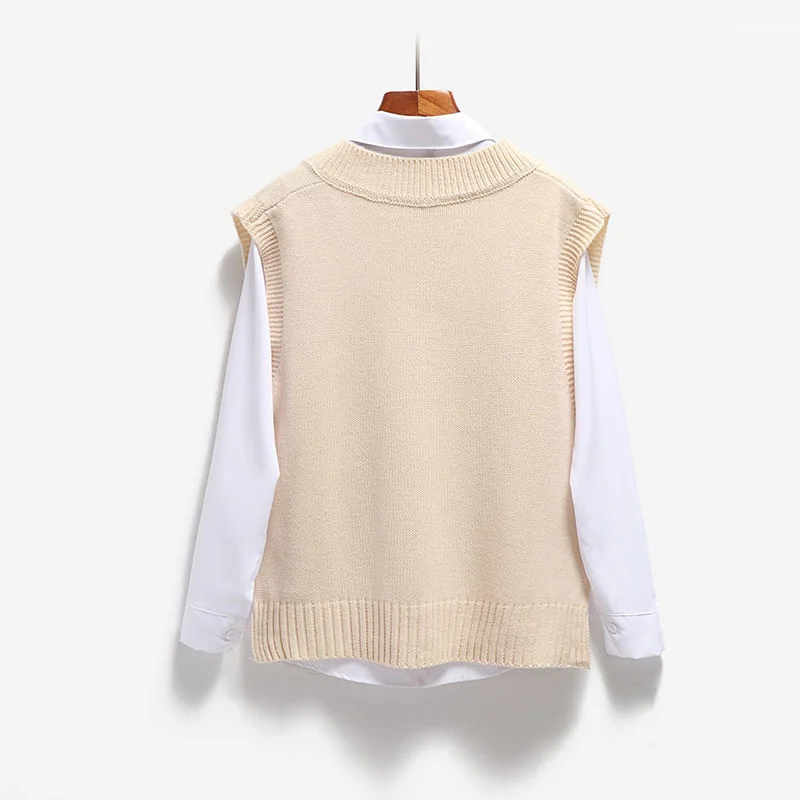 Women Sweater Vest V-neck Knitted Top 2024 New Korean Fashion Knitwear Spring Autumn Jumper Female Solid Sleeveless Pullover