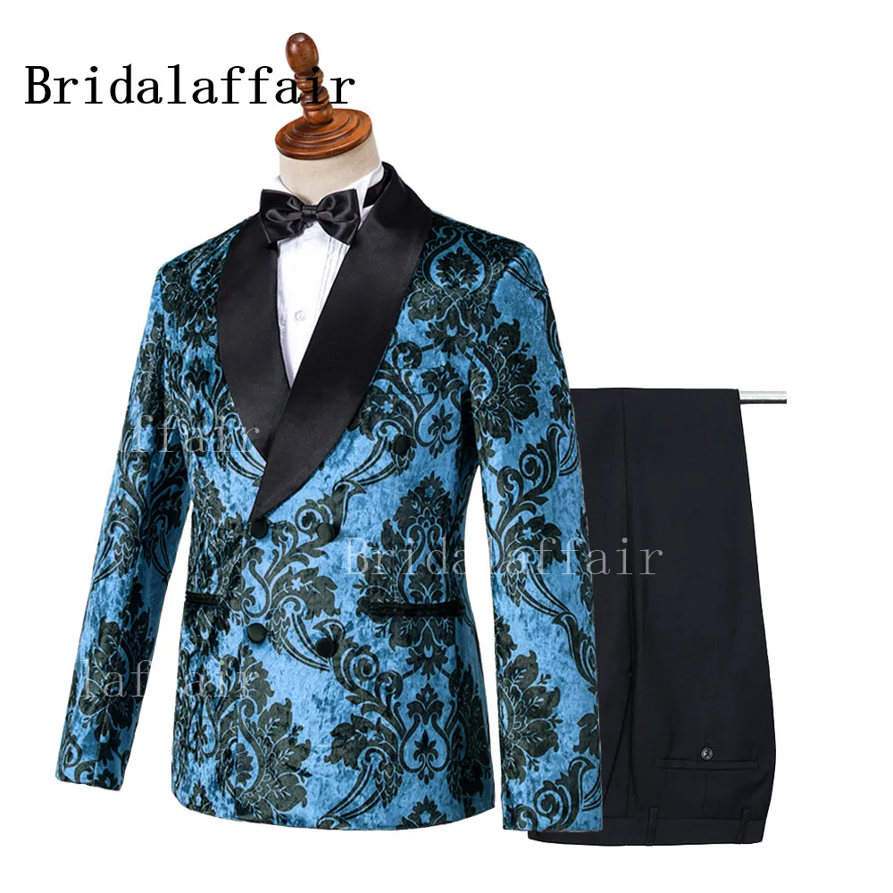 

Men's Winter Blue Velvet Suit Black Floral Printed Wedding Suit Slim Fit 2 Pieces Double-breasted Groomsmen Tuxedos Blazer+Pants