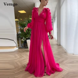 Verngo New 2021 Bright Pink Chiffon Prom Dresses Long Puff Sleeves V Neck Slit A Line Evening Gowns With 3 D Butterfly Flowers