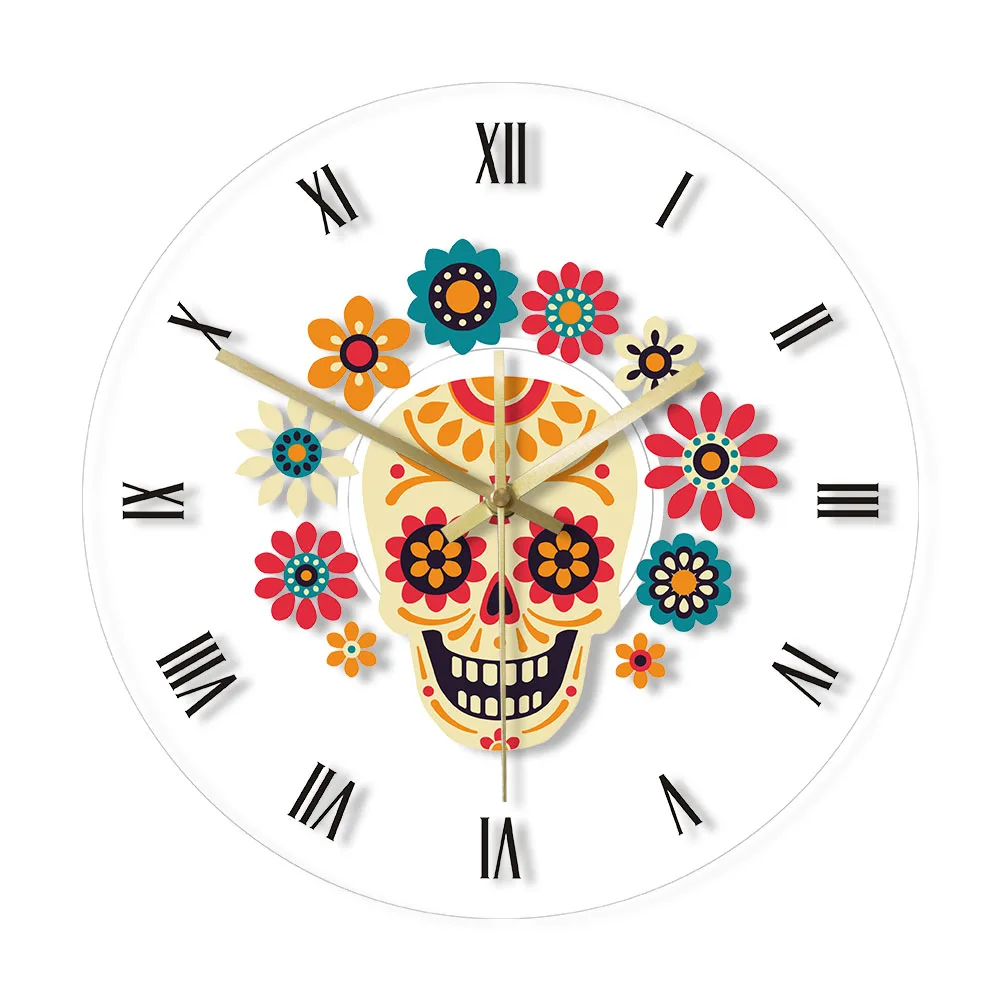 Day of the Dead Floral Sugar Skull Mexican Design Watch Acrylic Wall Clock Dia De Los Muertos Timekeeper Decorative Wall Clock
