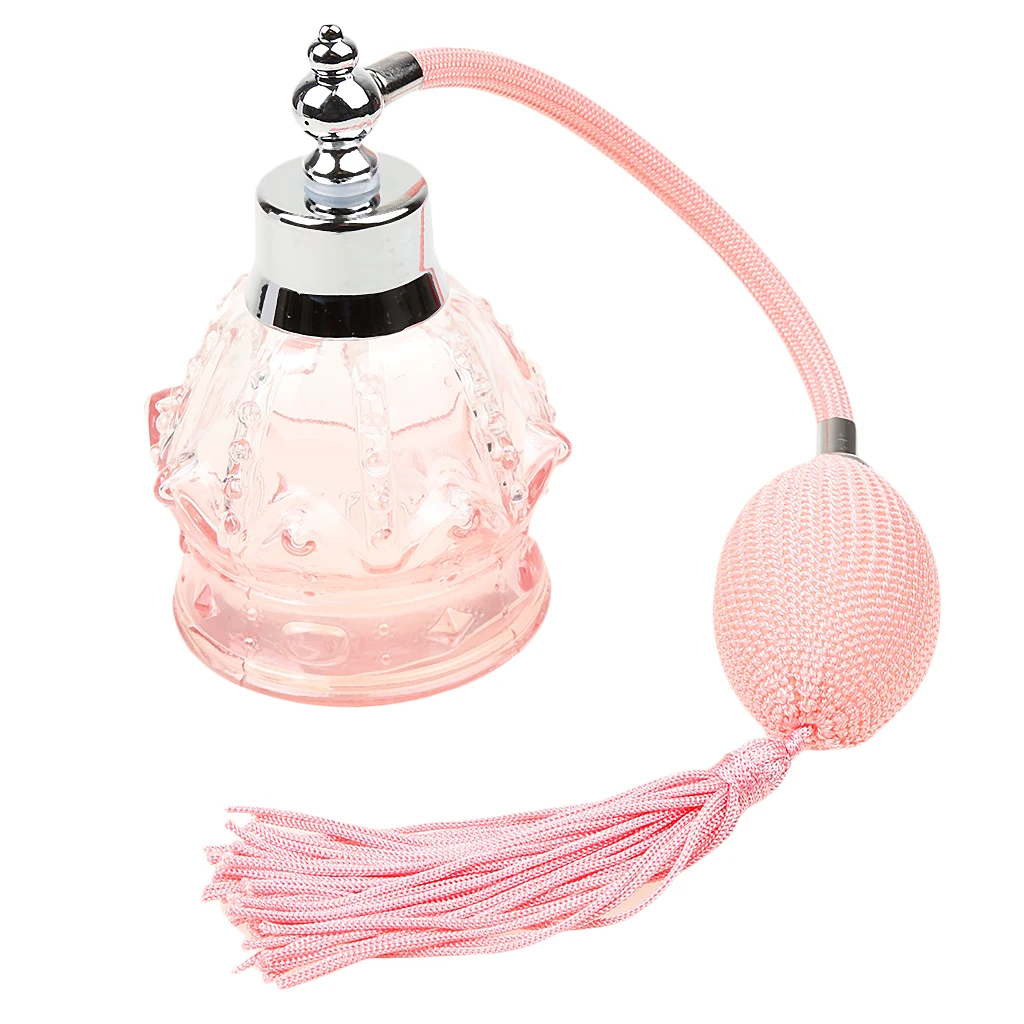 Vintage Crystal Perfume Bottle Long Bulb Tassel Spray Atomizer 100ml - Pink