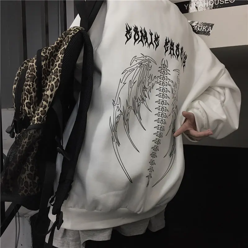 Y2K Flame Letter Printing Hoodie Women Autumn Jacket Pullover Goth Black Sweatshirts Harajuku Grunge Oversized Winter Hoodies