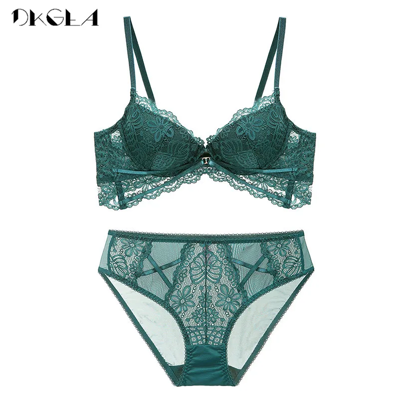 2020 New Thick Cotton Brassiere Embroidery Green Bra Set Push Up C D Cup Underwear Set Sexy Bras Women Lace Lingerie Sets Black