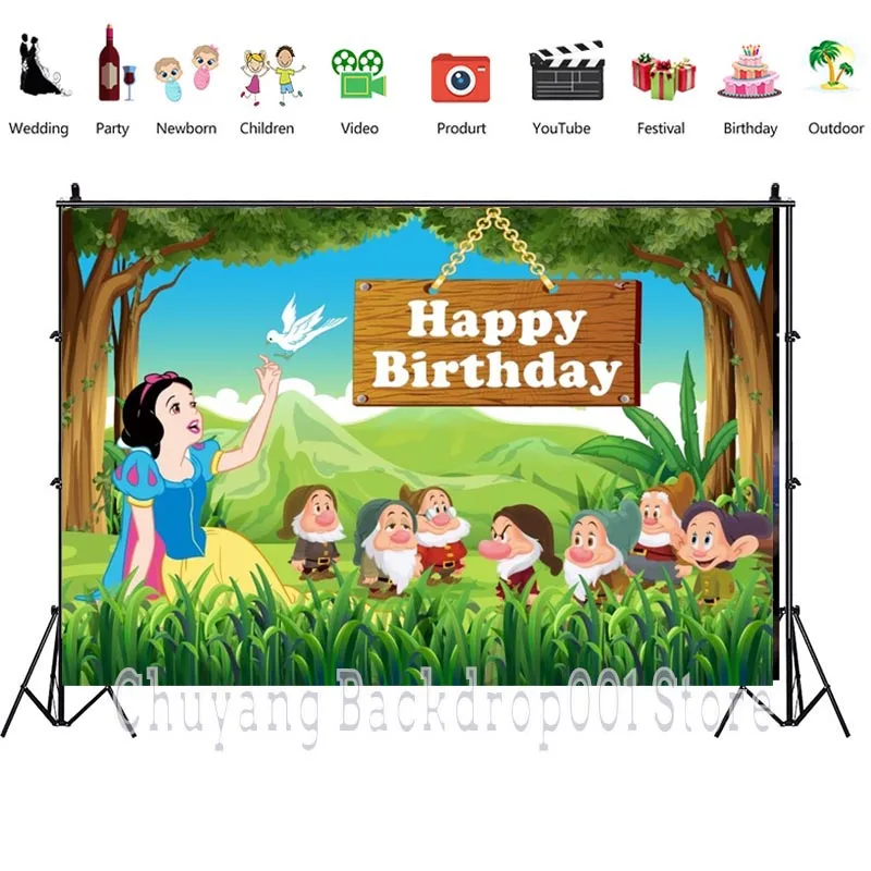 Green Forestjungle Party Girl Princess Old Dwarf Cartoon Backdrop Newborn Baby 1st Kids Birthday Photo Background Table Decor