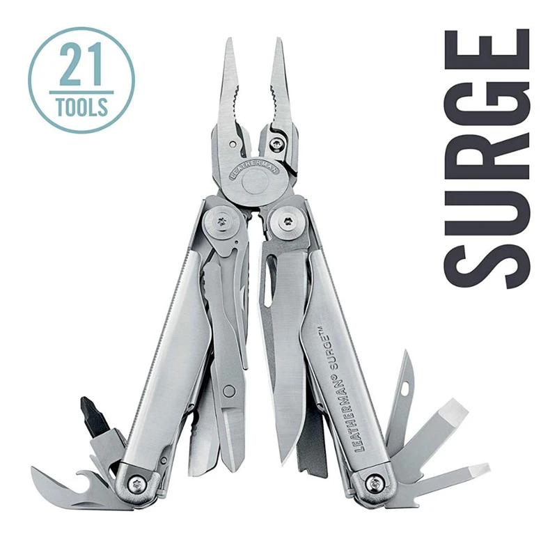 LEATHERMAN - Surge Heavy Duty Multitool with Premium Replaceable Wire Cutters and Spring-Action Scissors, Black/Silver with Prem