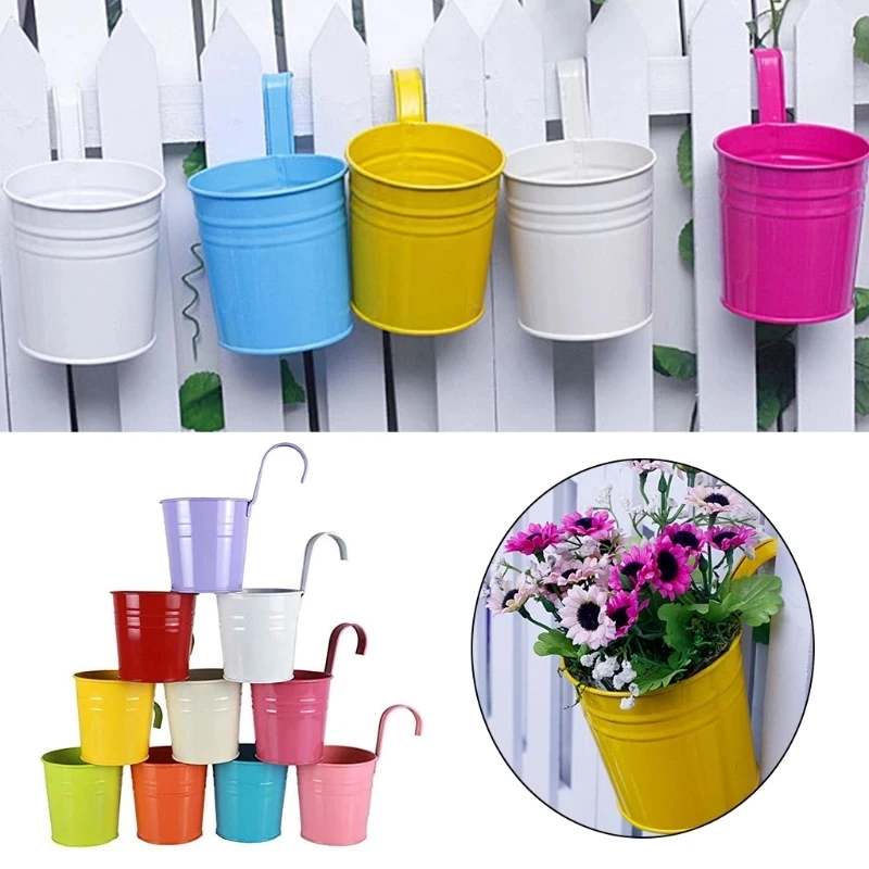 10 Colors Metal Iron Flower Wall Hanging Flower Plants Pot Hook Bucket Tin Garden Planter Pots Balcony Hanging Succulent Basket