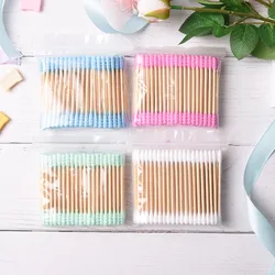 100PCS Double Head Ended Clean Cotton Buds Cosmetic Cotton Swab Stick Ear Clean Tools For Children Adult Pink Green