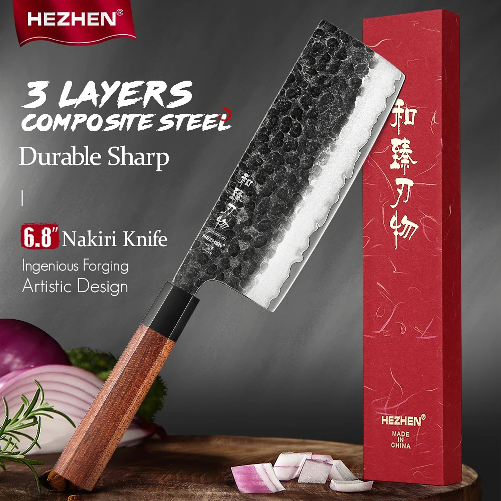 HEZHEN 6.8 Inches Nakiri Knife Three Layer Composite Stainless Steel High Quality Cook Knife Kitchen Knives Razor Sharp Gift Box