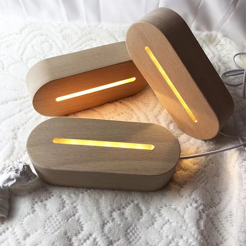 5mm Oval USB Wood Display Base Stand with Warm White RGB Led Lights for Laser 3D Acrylic Glass Table Night Lamp DIY Dropshipping